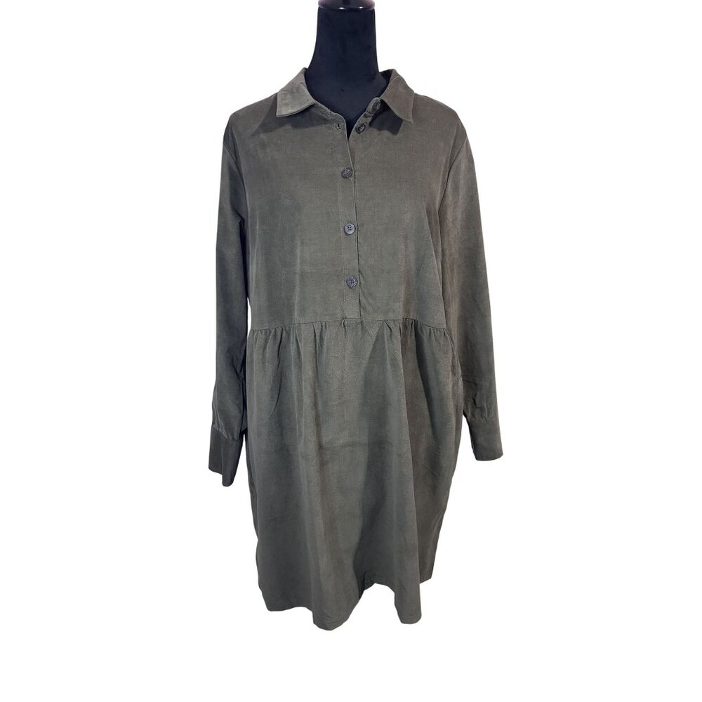 Nine West Empire Waist Olive Green Corduroy Babydoll Shirt Dress - Picture 9 of 14